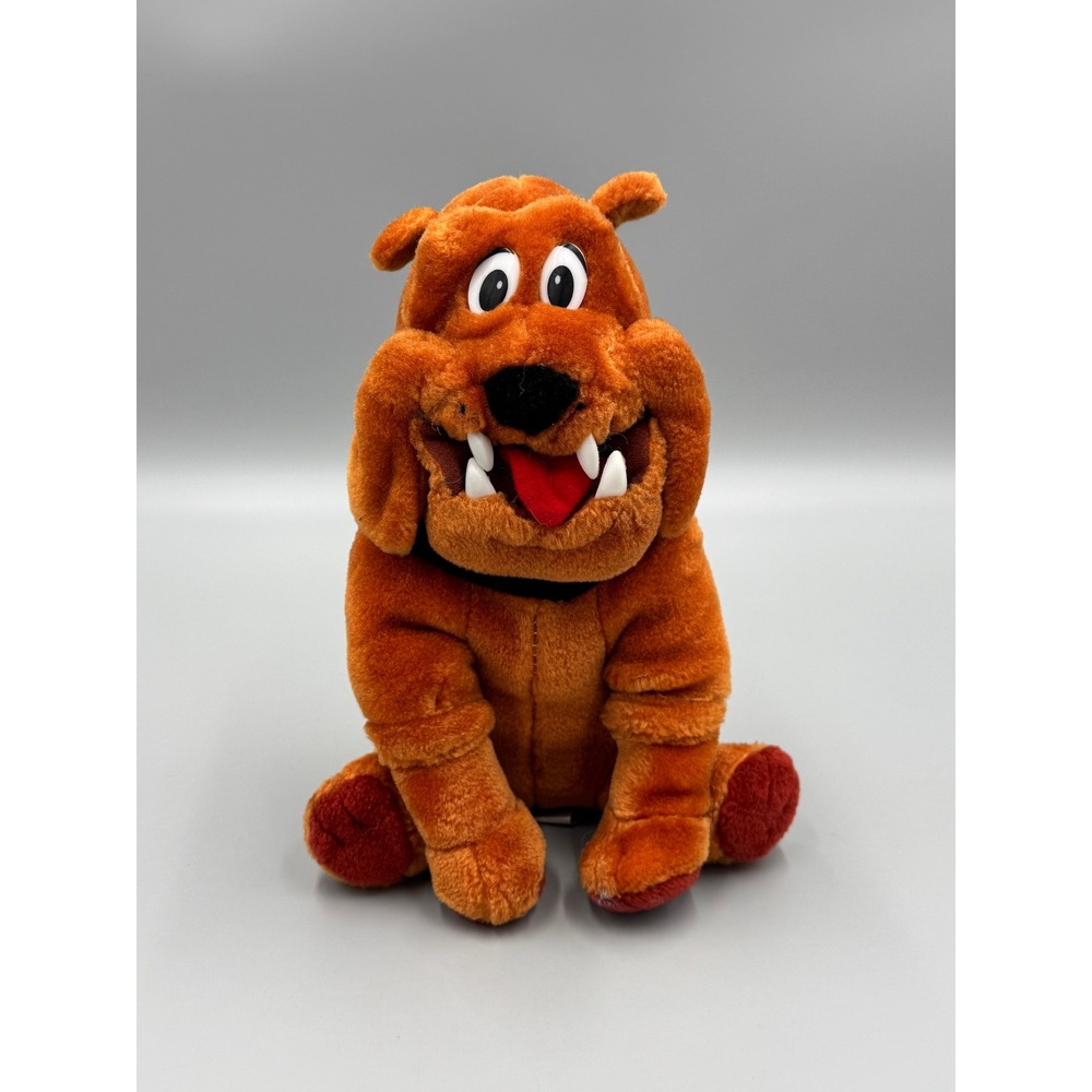 Vintage 1998 Brown Bulldog Plush Stuffed Animal Toy with Fangs and Collar 10in